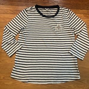 J Crew 3/4 sleeve white and blue striped embellished shirt!